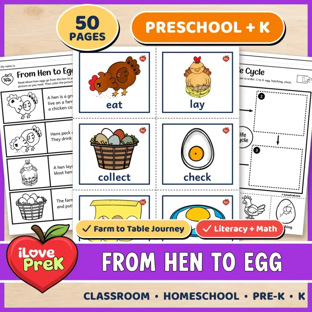 Hen to egg farm to table unit for preschool, pre-K and kindergarten.