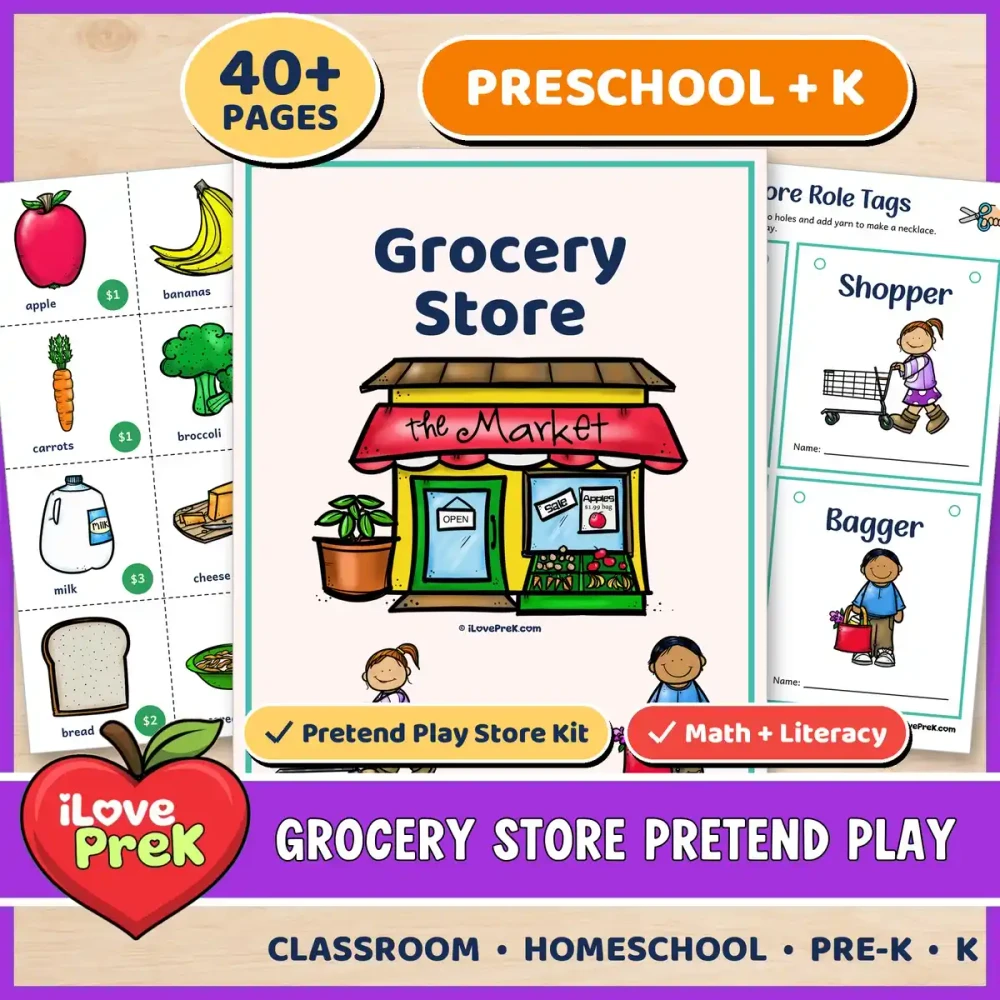 Grocery store pretend play kit for preschool, pre-K and K.