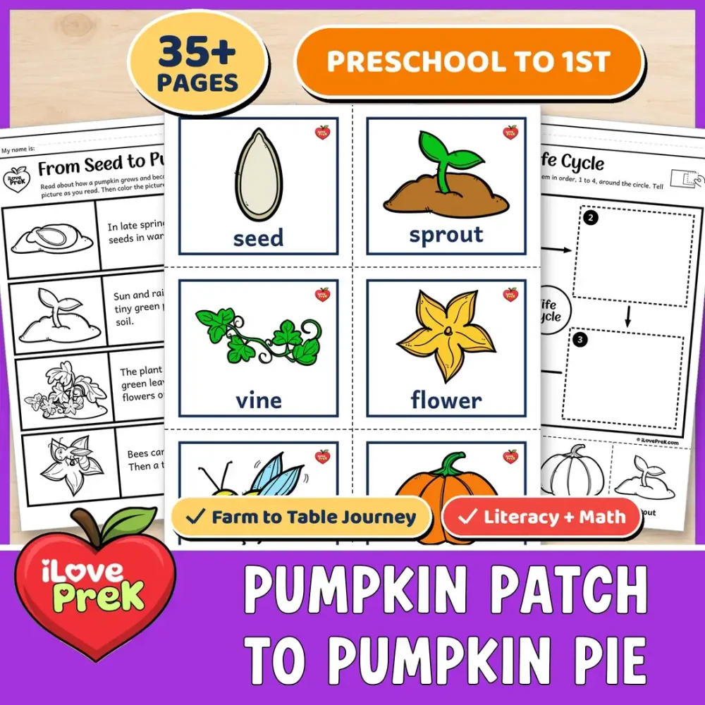Pumpkin patch to pumpkin pie farm to table unit for preschool to 1st grade.