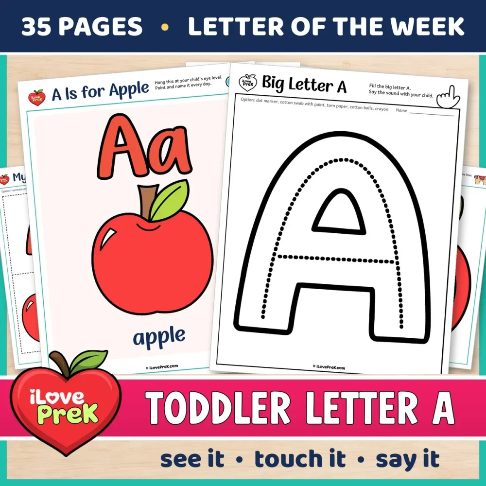 Toddler Letter A of the Week printables, A is for apple, with a color poster and a big letter page.