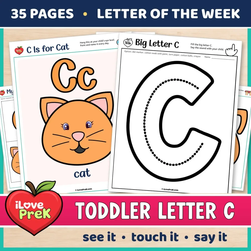 Toddler Letter C of the Week printables, C is for cat, with a color poster and a big letter page.