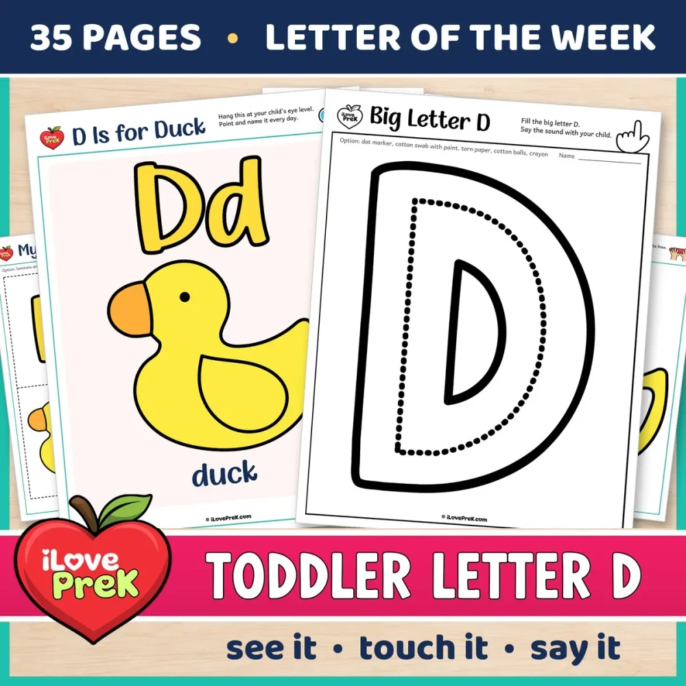 Toddler Letter D of the Week printables, D is for duck, with a color poster and a big letter page.