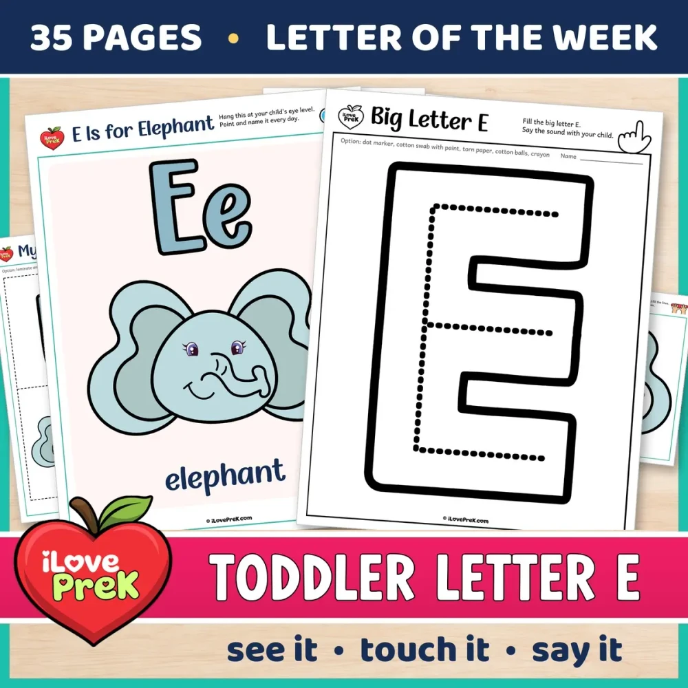 Toddler Letter E of the Week printables, E is for elephant, with a color poster and a big letter page.