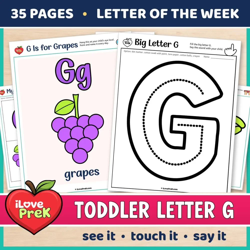 Toddler Letter G of the Week printables, G is for grapes, with a color poster and a big letter page.