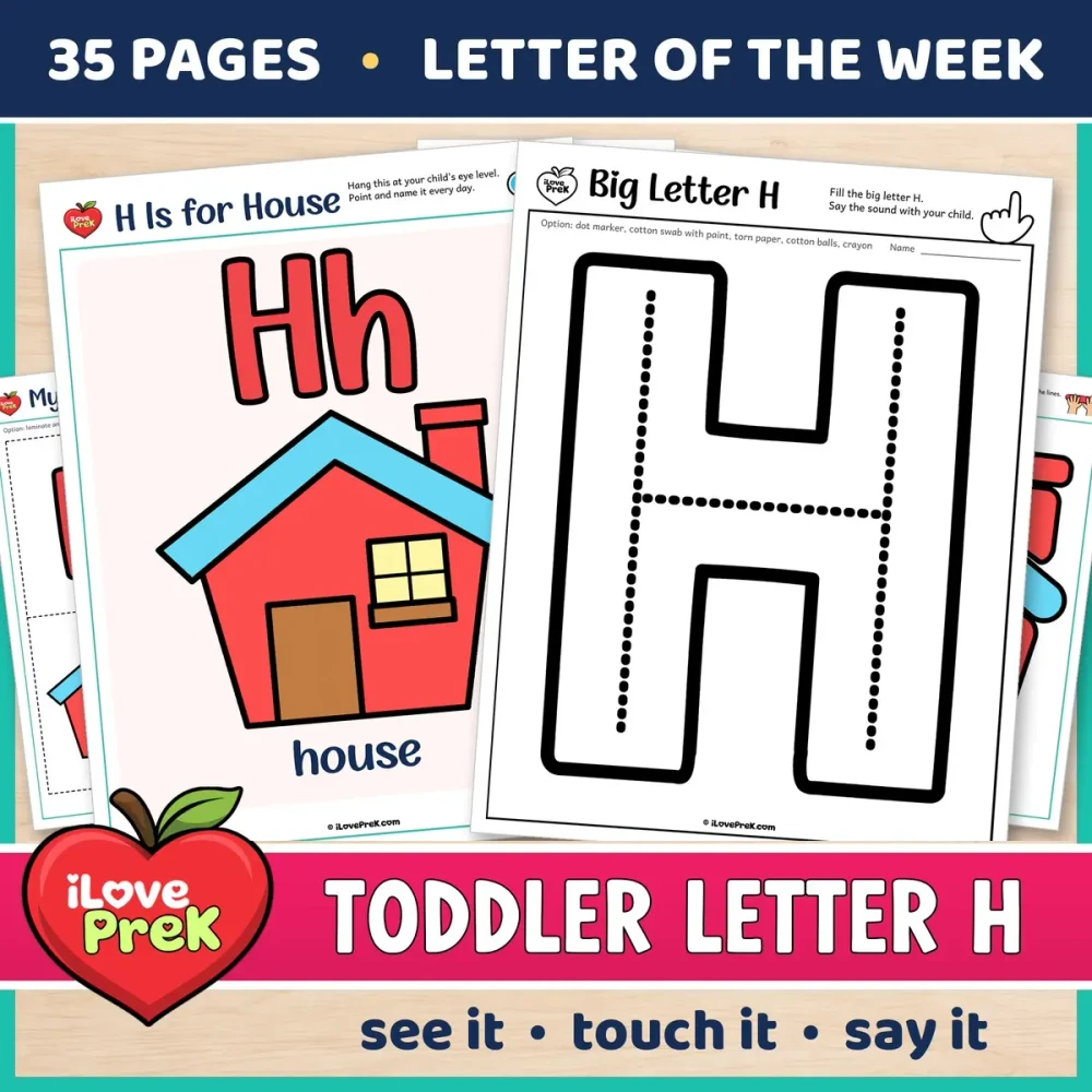 Toddler Letter H of the Week printables, H is for house, with a color poster and a big letter page.
