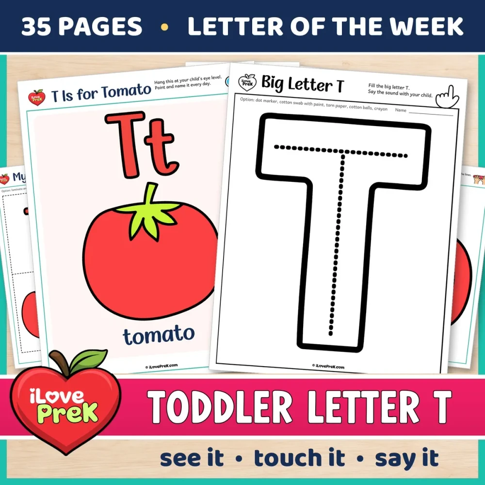 Toddler Letter T of the Week printables, T is for tomato, with a color poster and a big letter page.