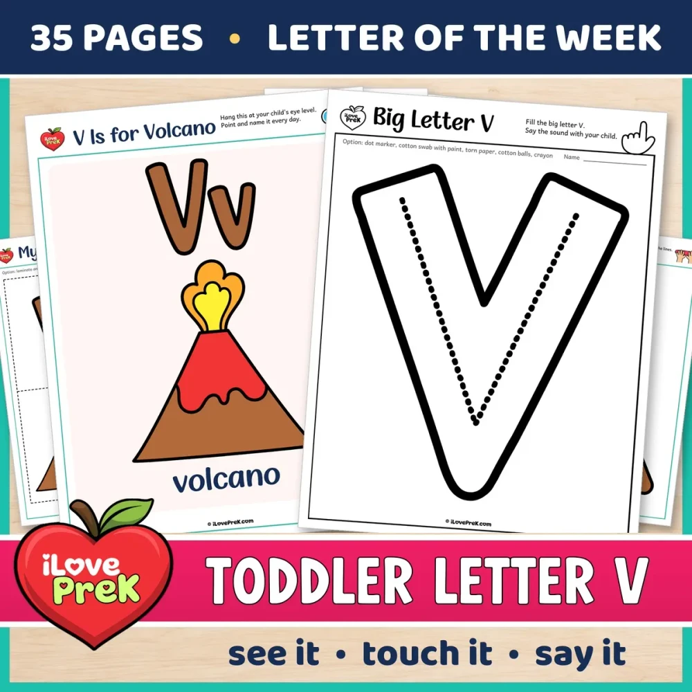 Toddler Letter V of the Week printables, V is for volcano, with a color poster and a big letter page.