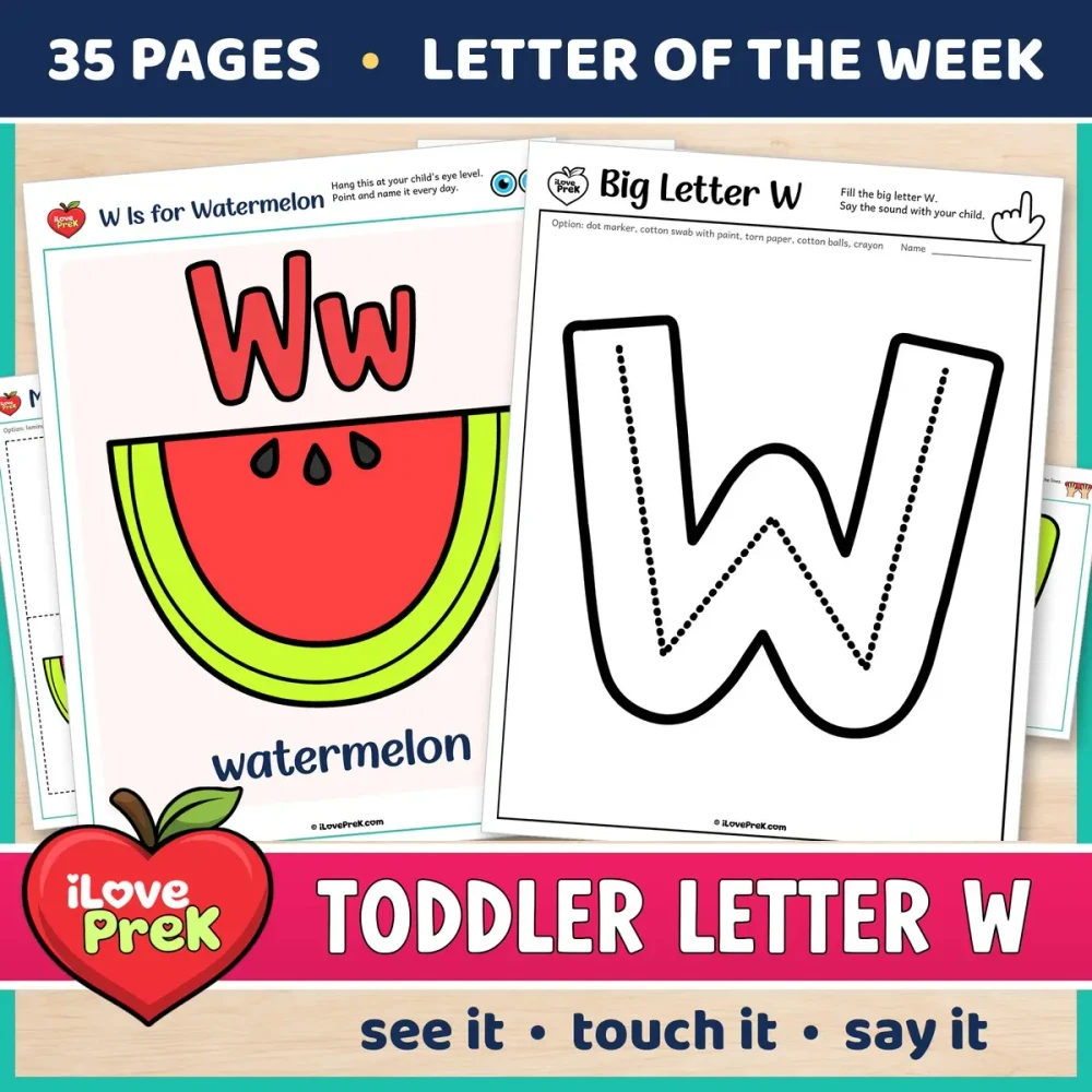 Toddler Letter W of the Week printables, W is for watermelon, with a color poster and a big letter page.