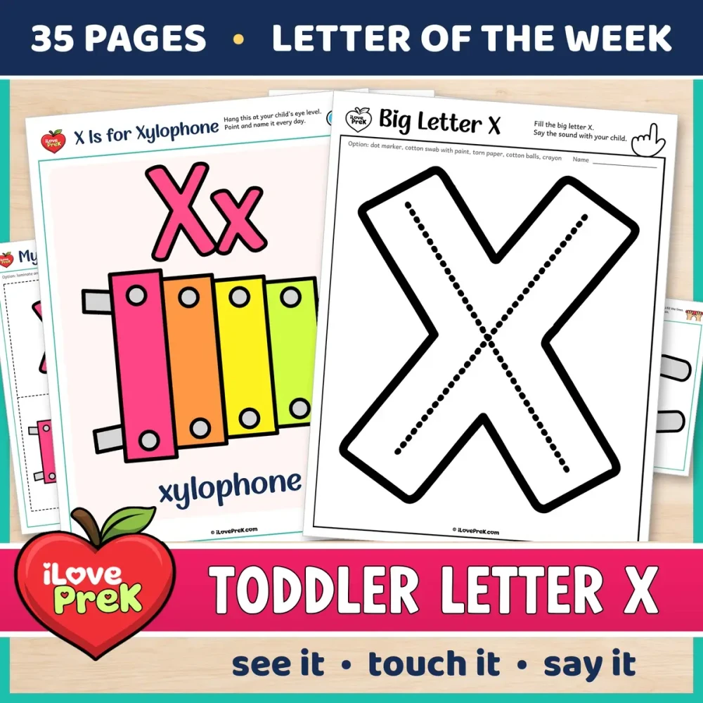 Toddler Letter X of the Week printables, X is for xylophone, with a color poster and a big letter page.