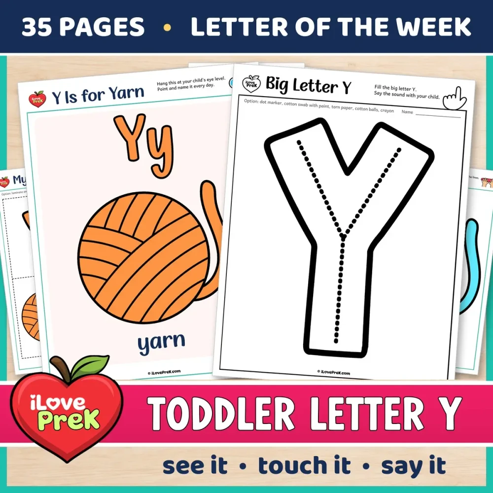 Toddler Letter Y of the Week printables, Y is for yarn, with a color poster and a big letter page.