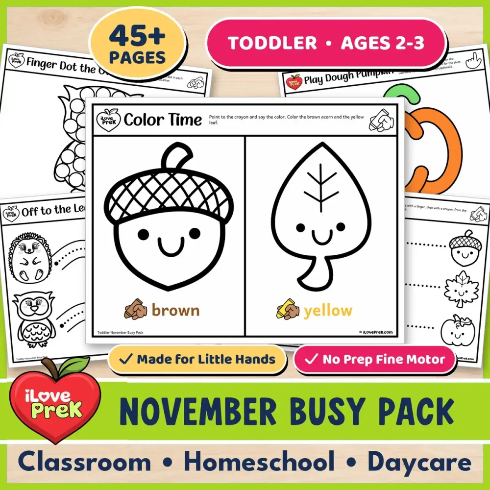 Toddler November Busy Pack with fall fine motor activities for ages 2 to 3.