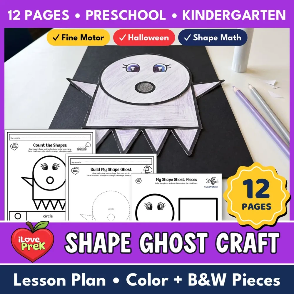 Halloween ghost shape craft for preschool to kindergarten, with a lesson plan and color and black and white pieces.
