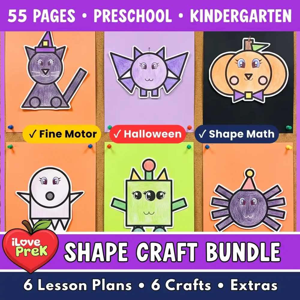 Halloween shape crafts bundle with six finished crafts: cat, bat, pumpkin, ghost, monster and spider.