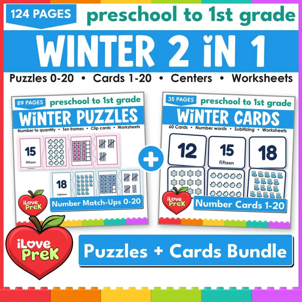 Winter math centers 0-20 for preschool and kindergarten: number puzzles plus number match-up flash cards.