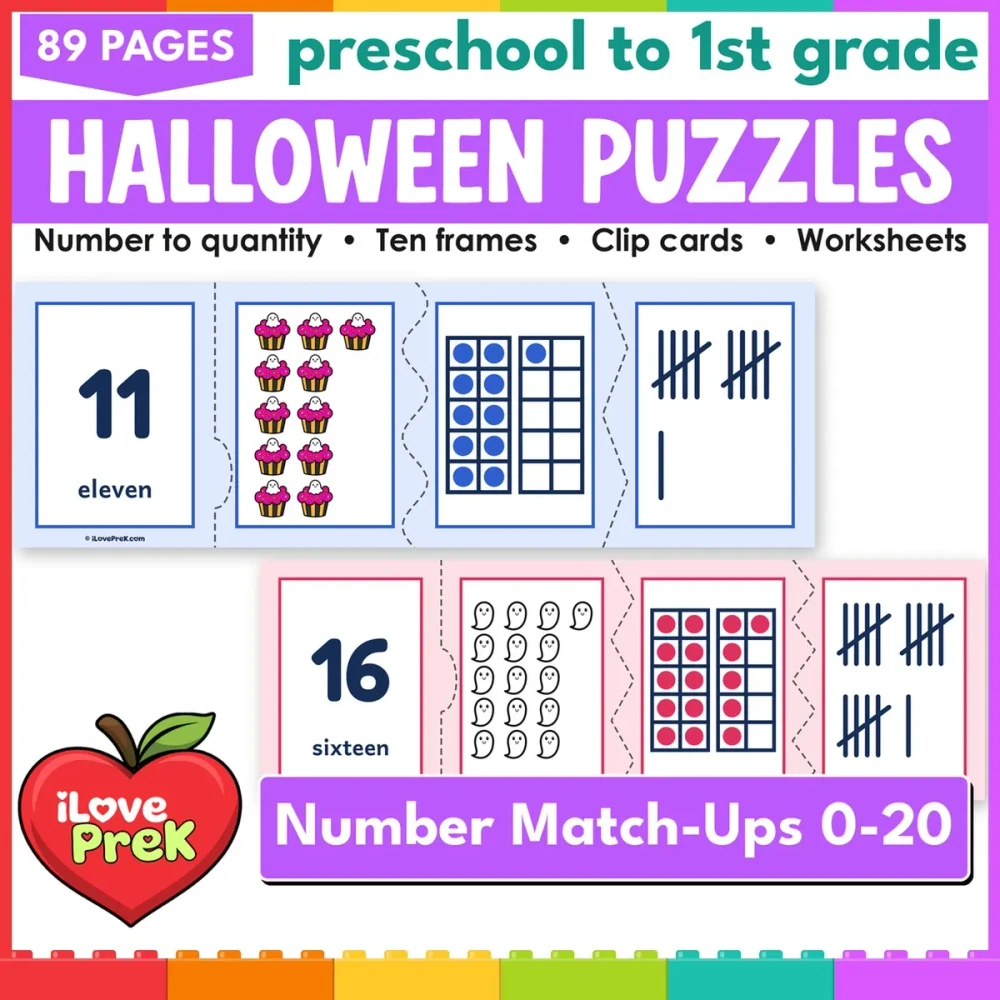 Halloween number puzzles and count and clip cards for 0 to 20, math centers for preschool and kindergarten.