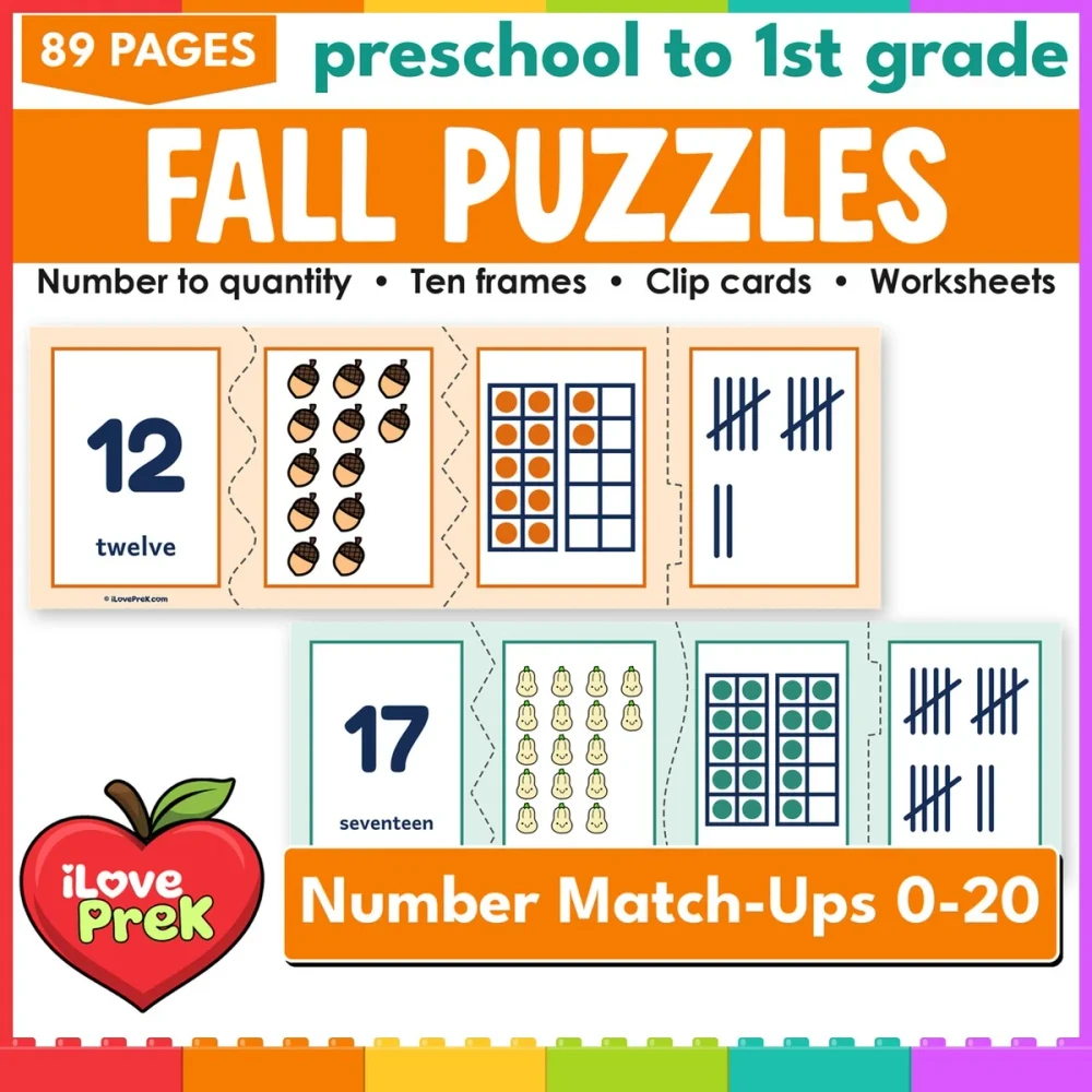 Fall number puzzles and count and clip cards for 0 to 20, math centers for preschool and kindergarten.