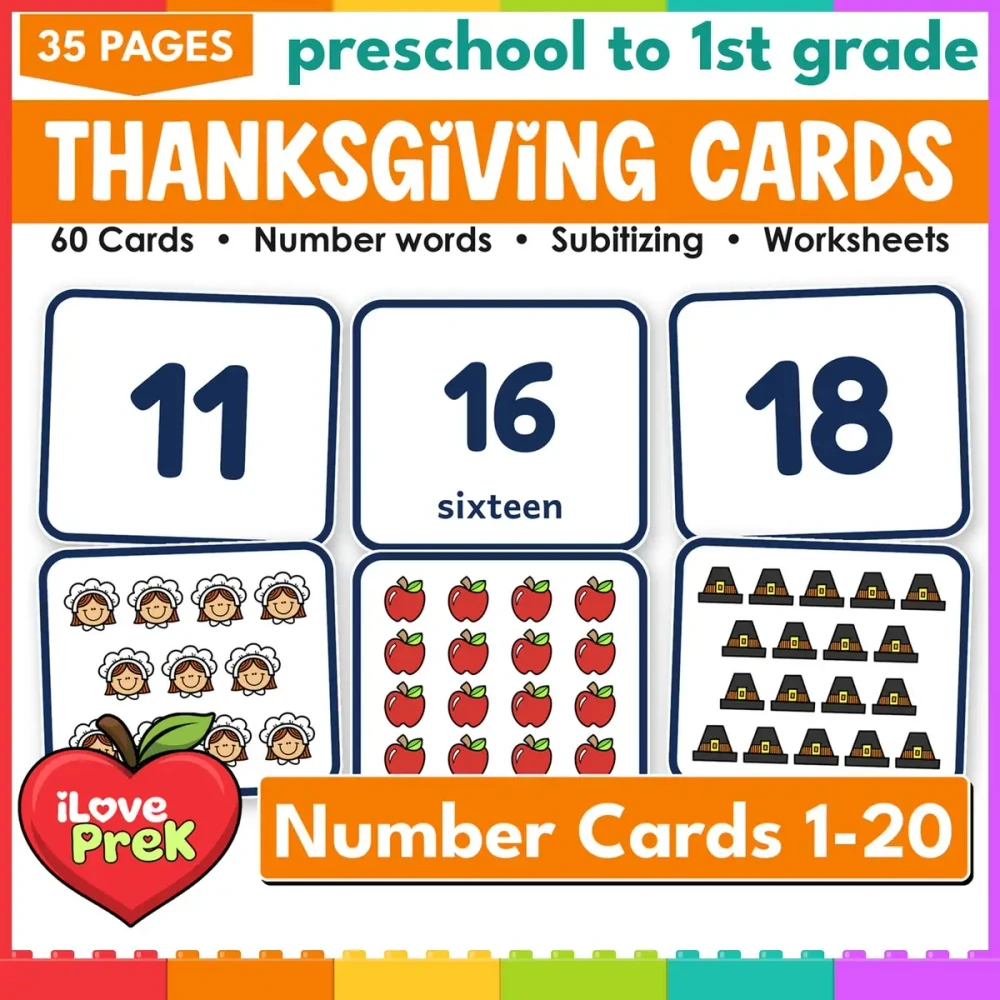 Thanksgiving number cards 1-20: 60 subitizing flash cards with numerals, words and pictures.