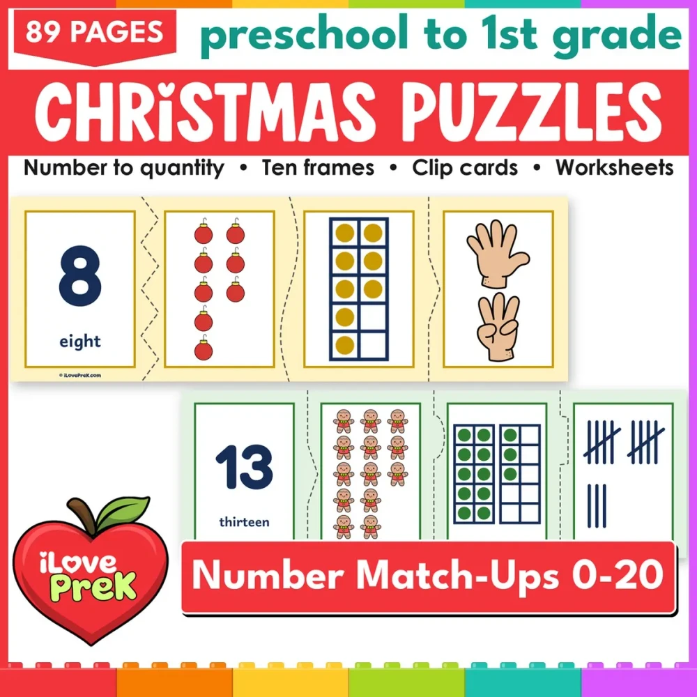 Christmas number puzzles and count and clip cards for 0 to 20, math centers for preschool and kindergarten.
