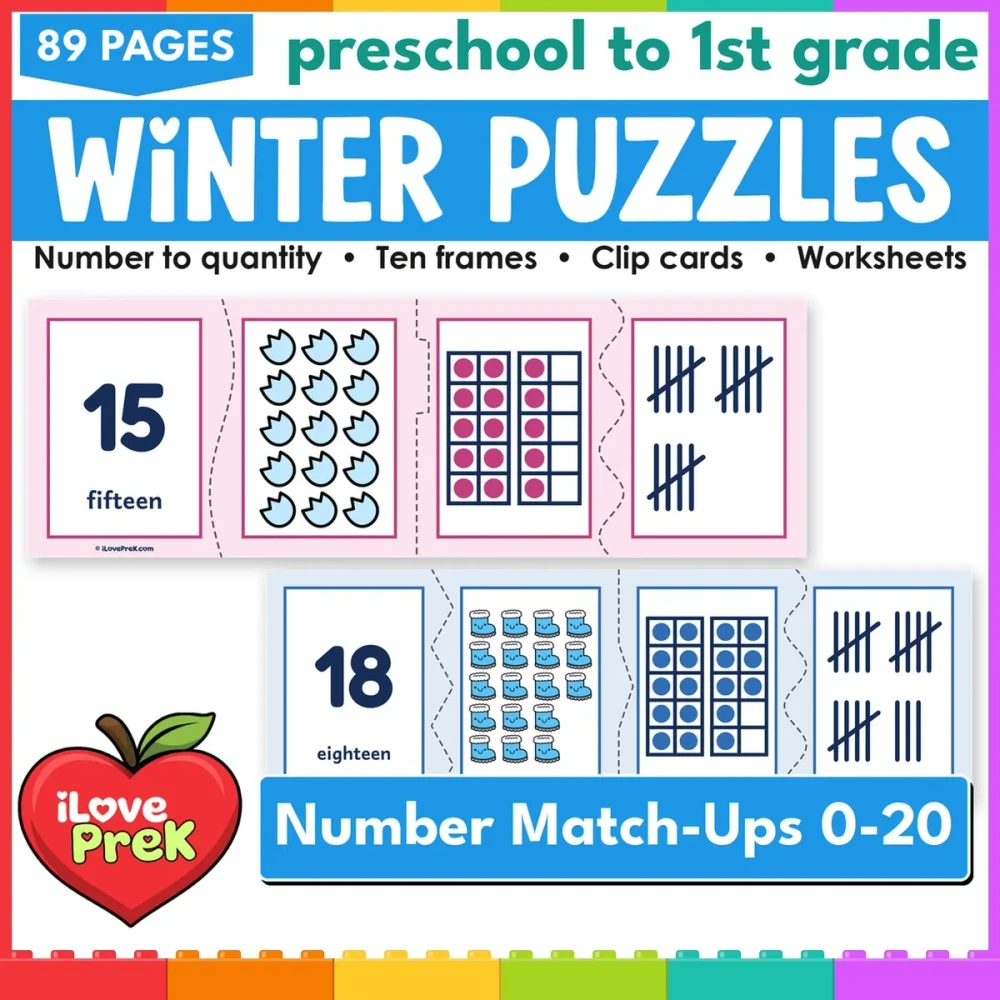 Winter number puzzles and count and clip cards for 0 to 20, math centers for preschool and kindergarten.