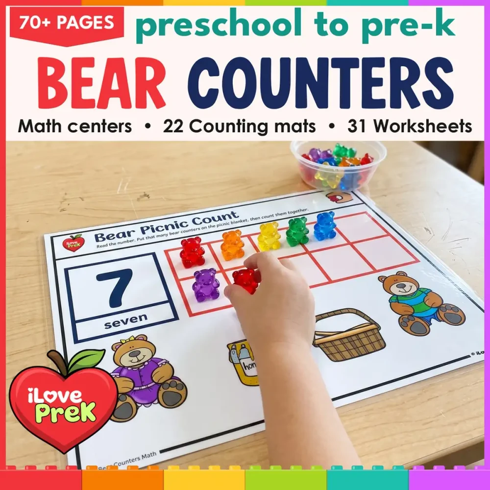A child counts 7 bear counters on a ten frame mat from the preschool and pre-k bear counters math set.