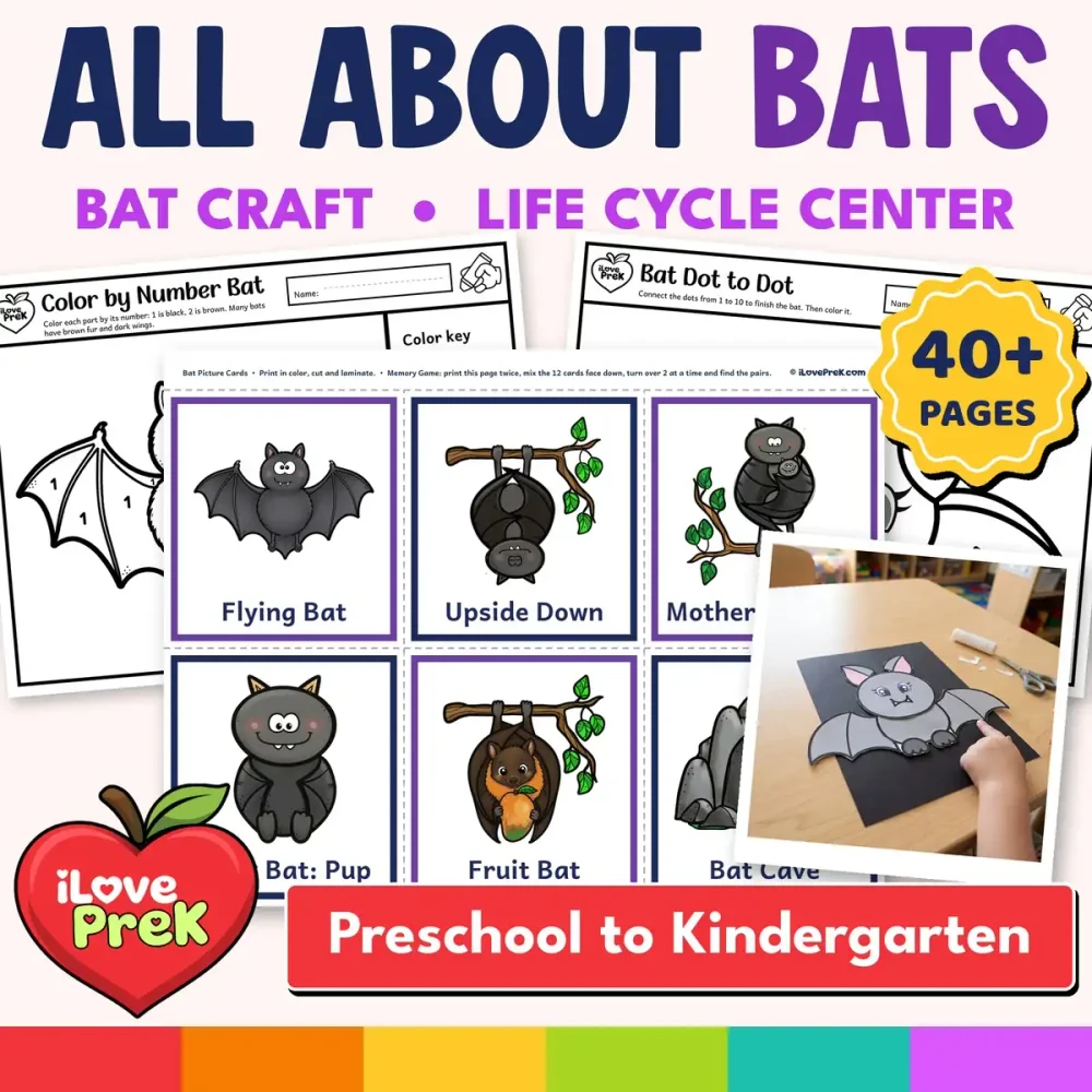 All About Bats activities for preschool, Pre-K and kindergarten: bat unit with 40+ pages for Bat Week.