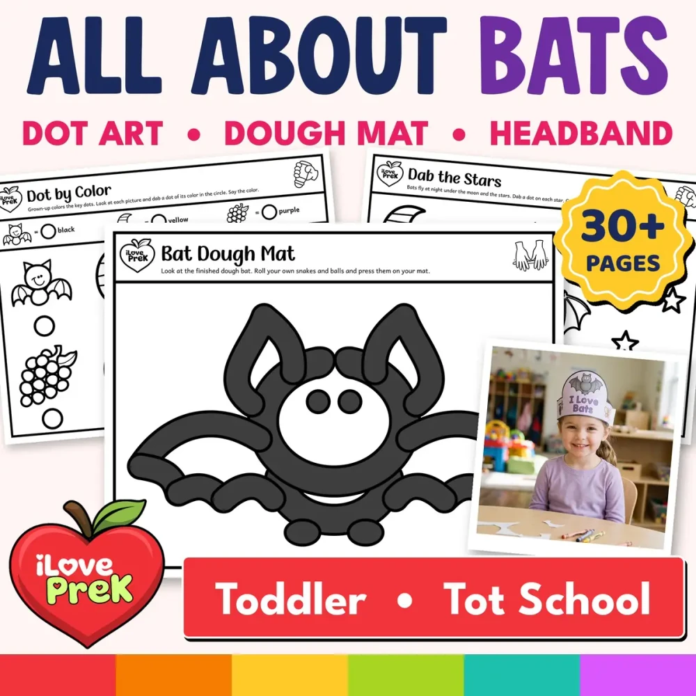 All About Bats activities for toddlers, ages 2 to 3: tot school bat pack with 30+ pages for Bat Week.