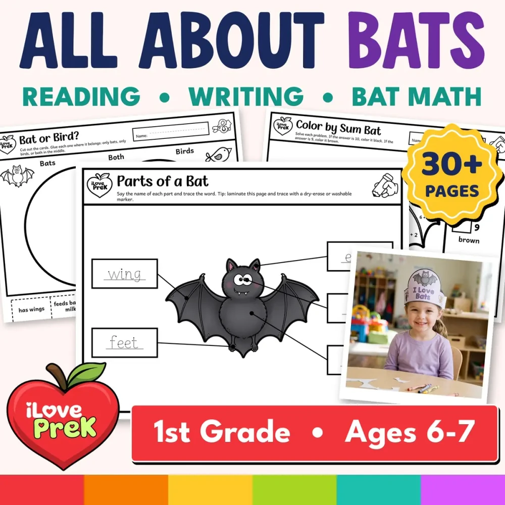 All About Bats activities for 1st grade: bat unit with reading passages, writing and math, 30+ pages.