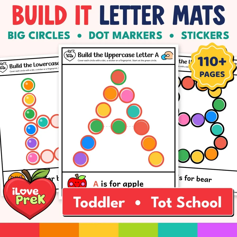 Toddler alphabet letter mats A-Z with big circles for dot markers, stickers and fingerprints.