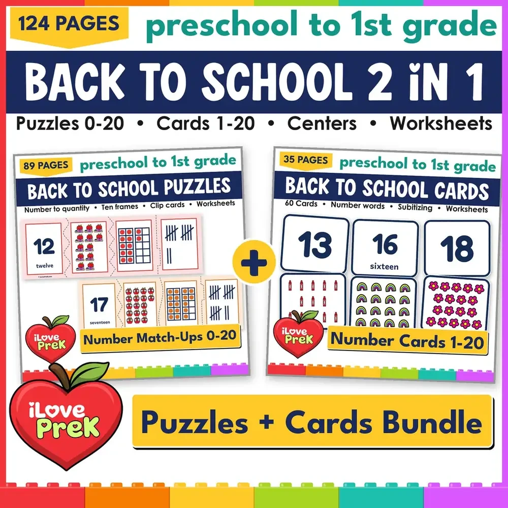 Back to School math centers 0-20 for preschool and kindergarten: number puzzles plus number match-up flash cards.