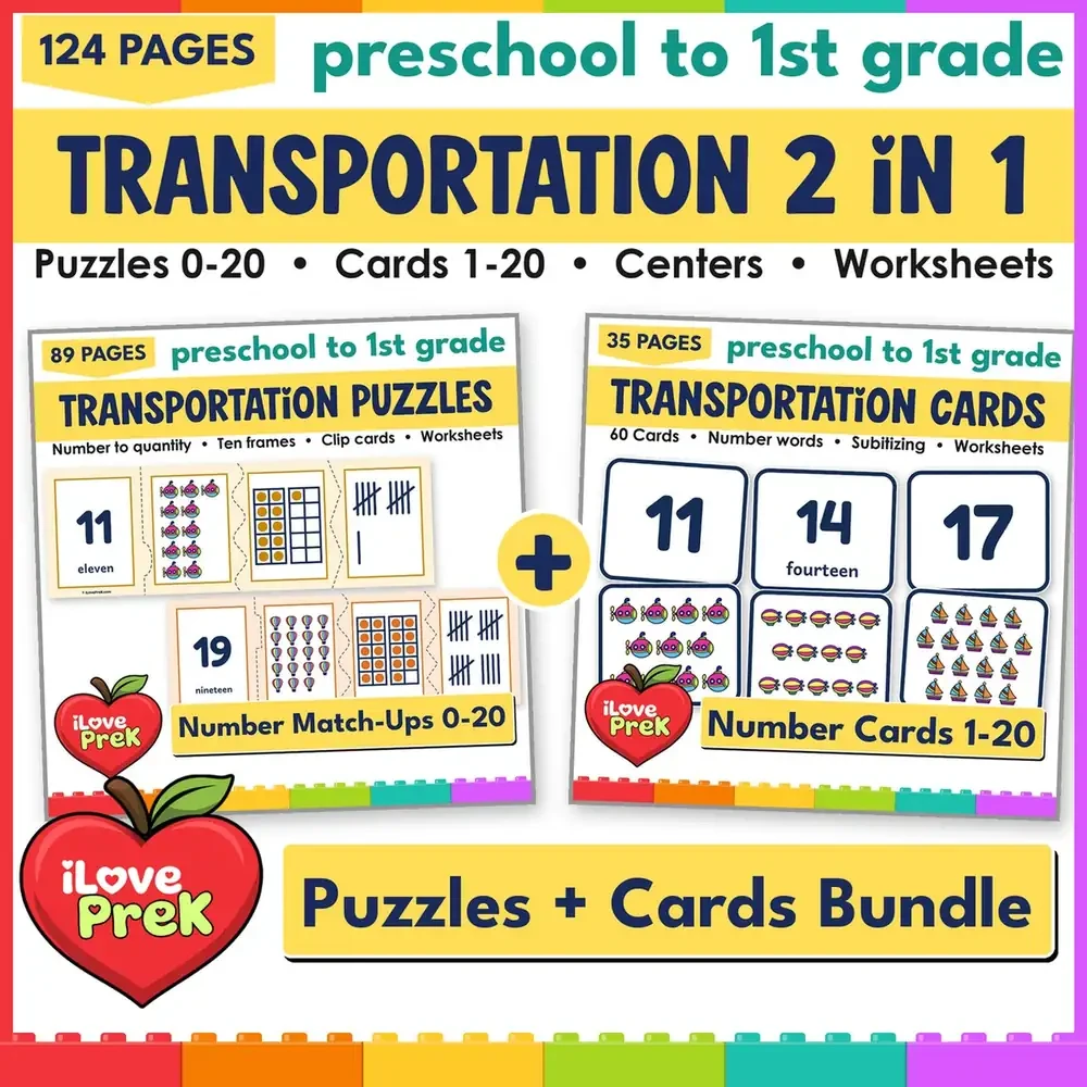 Transportation math centers 0-20 for preschool and kindergarten: number puzzles plus number match-up flash cards.