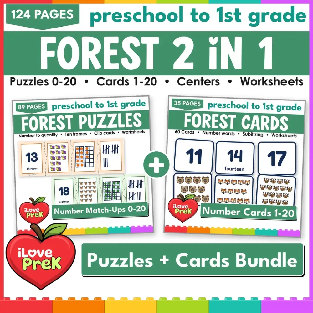 Forest math centers 0-20 for preschool and kindergarten: number puzzles plus number match-up flash cards.