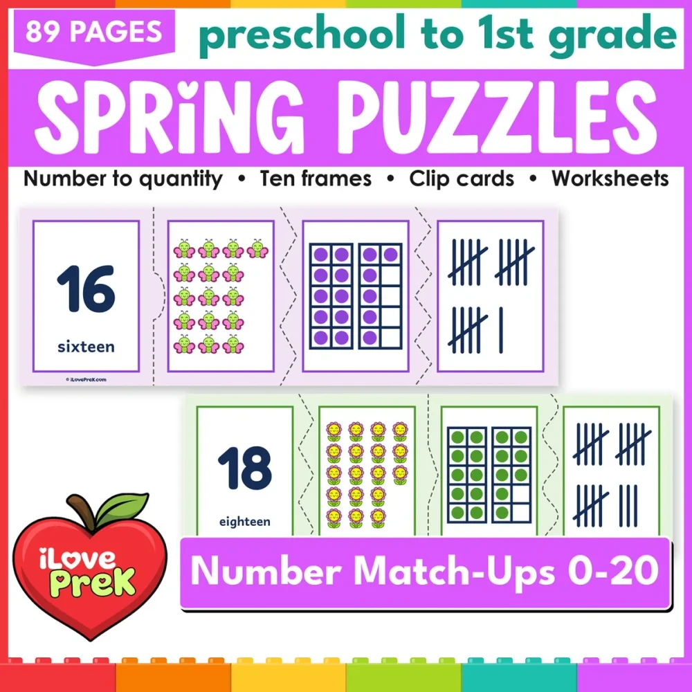 Spring number puzzles and count and clip cards for 0 to 20, math centers for preschool and kindergarten.
