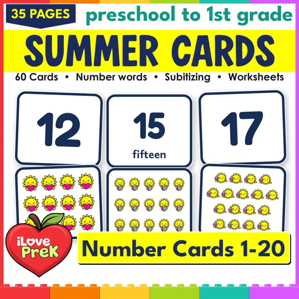 Summer number cards 1-20: 60 subitizing flash cards with numerals, words and pictures.