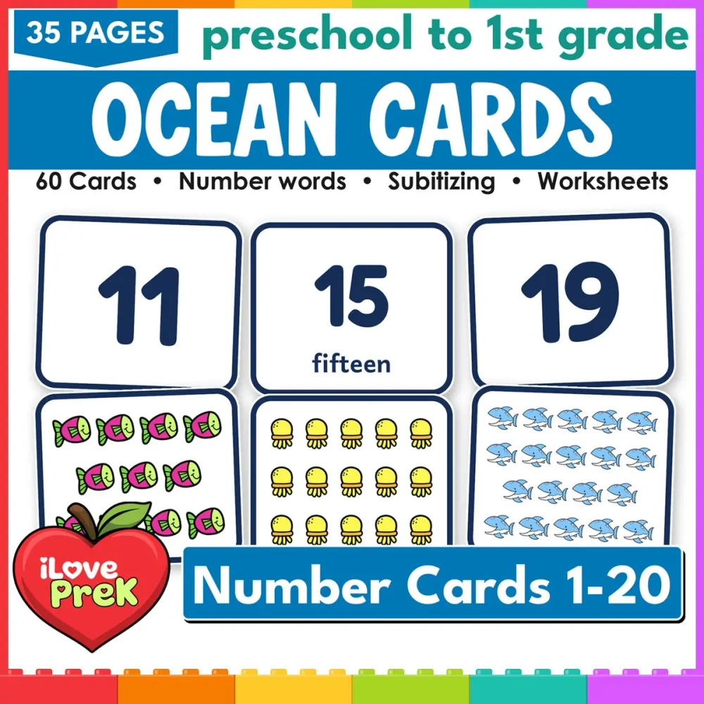 Ocean number cards 1-20: 60 subitizing flash cards with numerals, words and pictures.