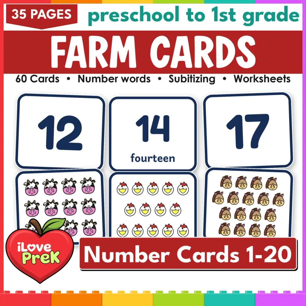Farm number cards 1-20: 60 subitizing flash cards with numerals, words and pictures.