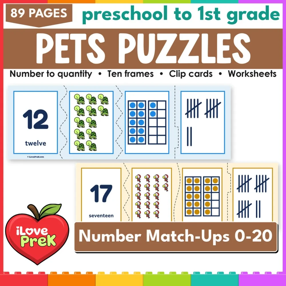 Pets number puzzles and count and clip cards for 0 to 20, math centers for preschool and kindergarten.