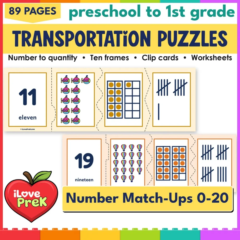 Transportation number puzzles and count and clip cards for 0 to 20, math centers for preschool and kindergarten.