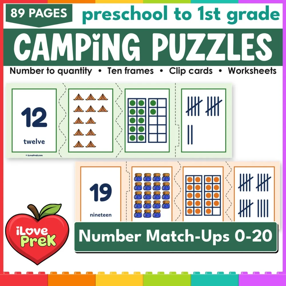 Camping number puzzles and count and clip cards for 0 to 20, math centers for preschool and kindergarten.