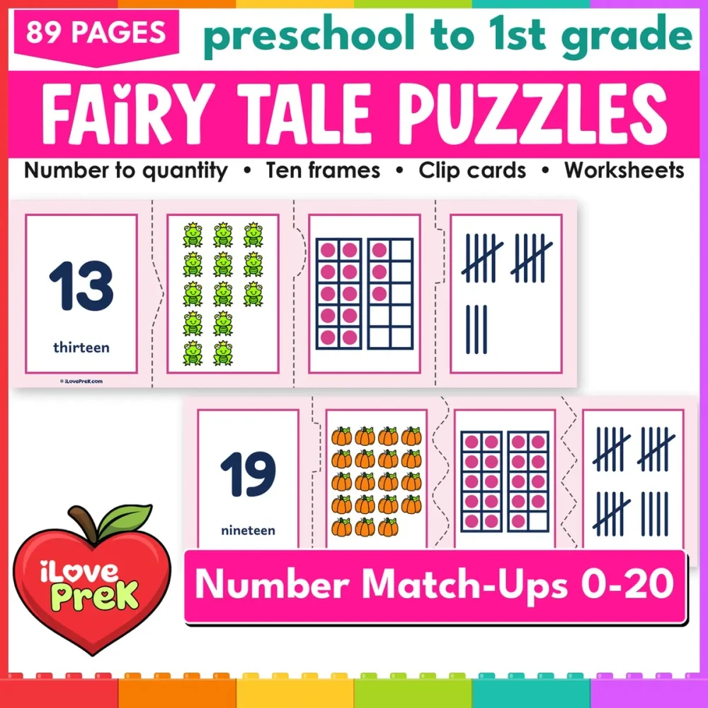 Fairy Tale number puzzles and count and clip cards for 0 to 20, math centers for preschool and kindergarten.