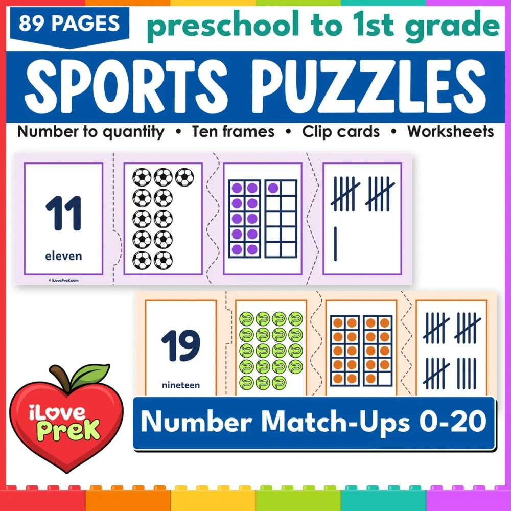 Sports number puzzles and count and clip cards for 0 to 20, math centers for preschool and kindergarten.