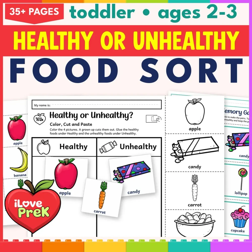 Toddler healthy or unhealthy food sort: cut and paste sheet with big apple, candy and carrot cards.