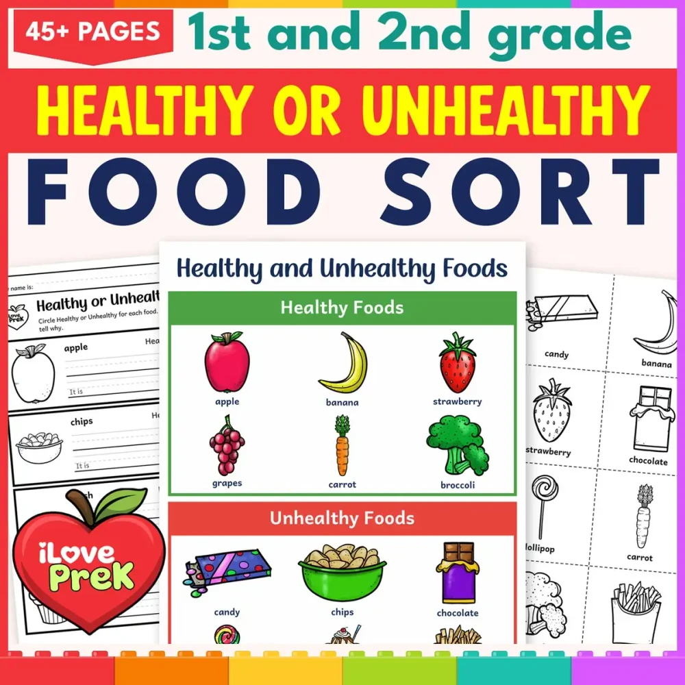 1st and 2nd grade healthy or unhealthy food sort with the healthy and unhealthy foods poster.