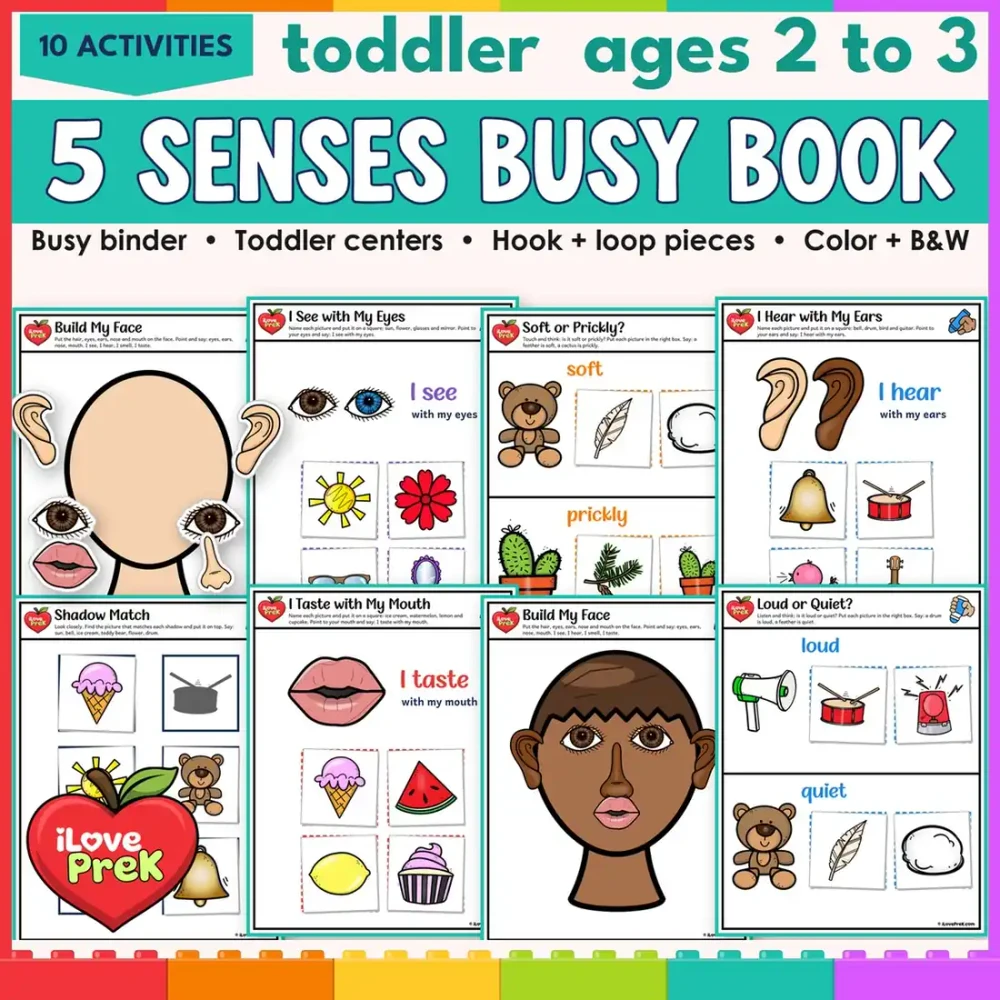 Toddler five senses busy book pages with a blank face to build, sense mats, sorting mats and shadow match.