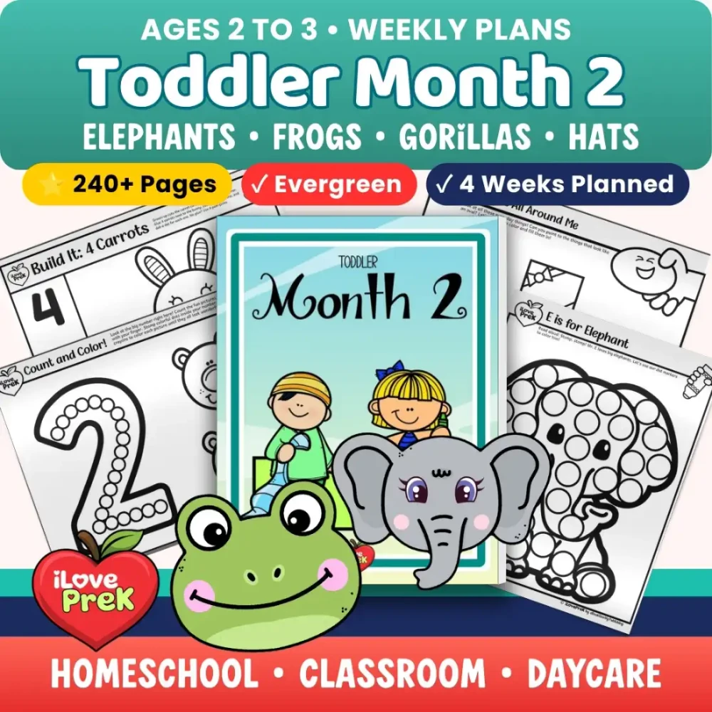 Toddler Curriculum Month 2 cover with elephants, frogs, gorillas and hats, for ages 2 to 3.