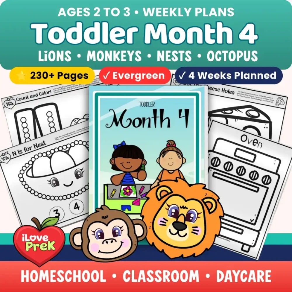 Toddler Curriculum Month 4 cover with lions, monkeys, nests and octopus, for ages 2 to 3.