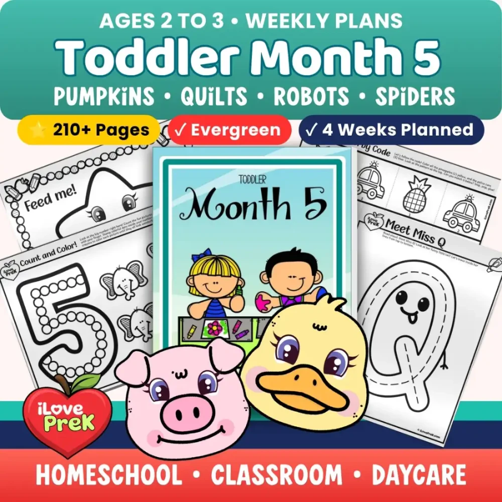 Toddler Curriculum Month 5 cover with pumpkins, quilts, robots and spiders, for ages 2 to 3.