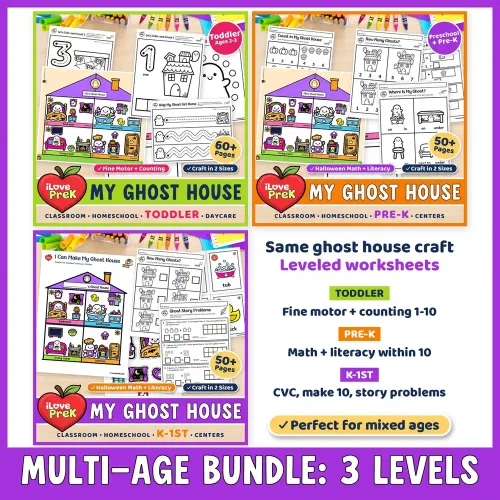 My Ghost House Halloween multi-age bundle with three units for toddler, Pre-K and K-1st, 170+ pages.
