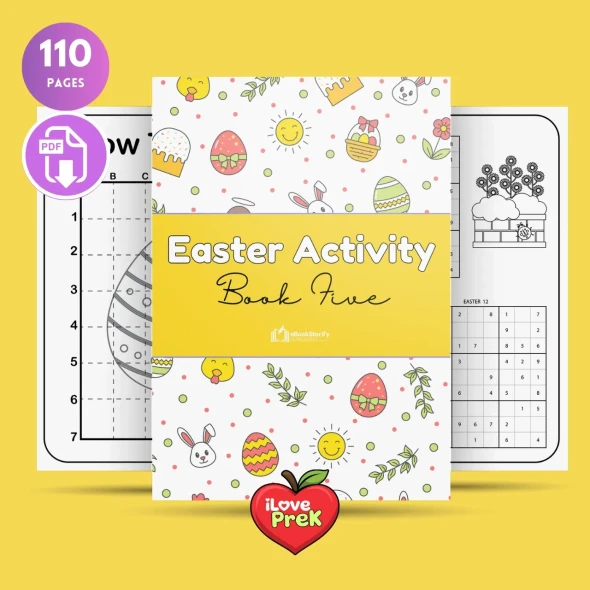 Main front cover of the Easter Workbook Volume 5 for PreK, Kindergarten, and 1st Grade by iLovePrek.