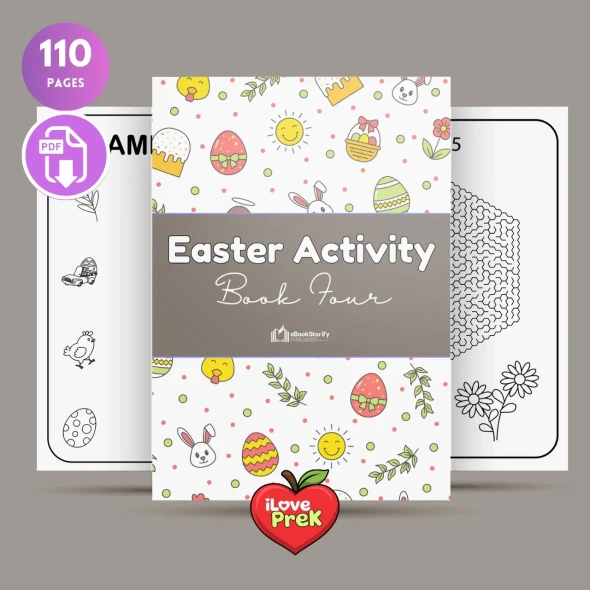 Main front cover of the Easter Workbook Volume 4 for PreK, Kindergarten, and 1st Grade by iLovePrek.