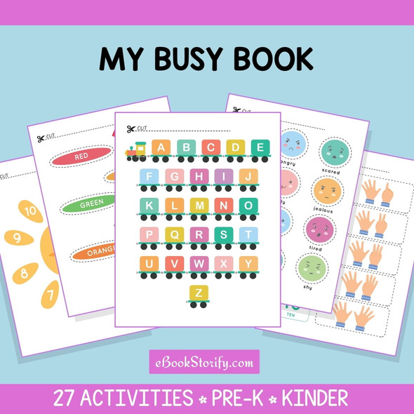 Busy book cut and match activities for preschool and kindergarten covering letters numbers shapes colors emotions and animals for ages 3 to 6
